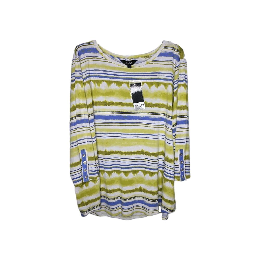 Slim Factor by Investments Womens 2X Green Blue Striped Tunic Shirt Top Blouse